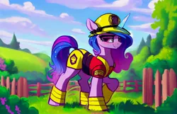 Size: 2688x1728 | Tagged: safe, derpibooru import, editor:siber, machine learning generated, purplesmart.ai, stable diffusion, izzy moonbow, pony, unicorn, g5, clothes, female, fence, firefighter, image, jpeg, looking at you, mare, meadow, raised hoof, scenery, sky, solo, tree