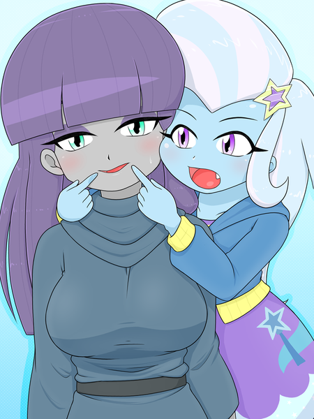 Size: 1668x2224 | Tagged: safe, artist:batipin, derpibooru import, maud pie, trixie, equestria girls, breasts, forced smile, image, open mouth, png, simple background, smiling, when she smiles