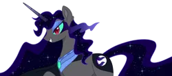 Size: 1024x454 | Tagged: safe, artist:katsuforov-chan, derpibooru import, oc, oc:somber moon, unofficial characters only, pony, unicorn, cape, clothes, colored horn, ear fluff, ethereal mane, ethereal tail, eyeshadow, flowing mane, flowing tail, grin, horn, image, makeup, markings, parent:king sombra, parent:radiant hope, parents:hopebra, peytral, png, simple background, smiling, sombra eyes, sparkles, tail, transparent background, unicorn oc, watermark