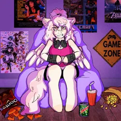 Size: 1280x1280 | Tagged: safe, artist:eadekki, derpibooru import, oc, unofficial characters only, anthro, pegasus, unguligrade anthro, angry, arm hooves, beanbag chair, big breasts, breasts, chips, cleavage, clothes, controller, dexterous hooves, doritos, drink, female, food, gamer girl, glasses, headphones, image, jpeg, minecraft, mountain dew, ponysona, poster, puella magi madoka magica, pulp fiction, round glasses, solo, tanktop, the legend of zelda, the legend of zelda: breath of the wild