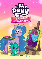 Size: 1142x1600 | Tagged: safe, derpibooru import, official, izzy moonbow, sparky sparkeroni, dragon, pony, unicorn, my little pony: tell your tale, duo, female, g5, image, jpeg, mare, my little pony logo, netflix, painting, polish