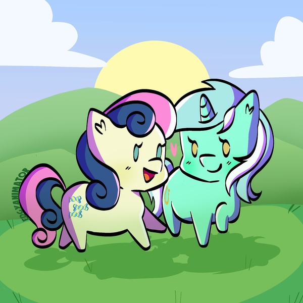 Size: 2000x2000 | Tagged: safe, artist:edgyanimator, derpibooru import, bon bon, lyra heartstrings, sweetie drops, earth pony, pony, unicorn, :d, adorabon, blue coat, blue eyes, blue hair, blue mane, blushing, canon ship, cel shading, chibi, cloud, couple, cute, derpibooru exclusive, digital art, duo, duo female, eyelashes, female, firealpaca, full body, grass, grass field, happy, heart, horn, illustration, image, jpeg, lesbian, lineart, looking at each other, looking at someone, love, lyrabetes, lyrabon, mare, multicolored hair, offscreen character, open mouth, open smile, raised hoof, shading, shipping, simple, simple background, sky, smiling, smiling at each other, sun, tail, walking, yellow coat, yellow eyes