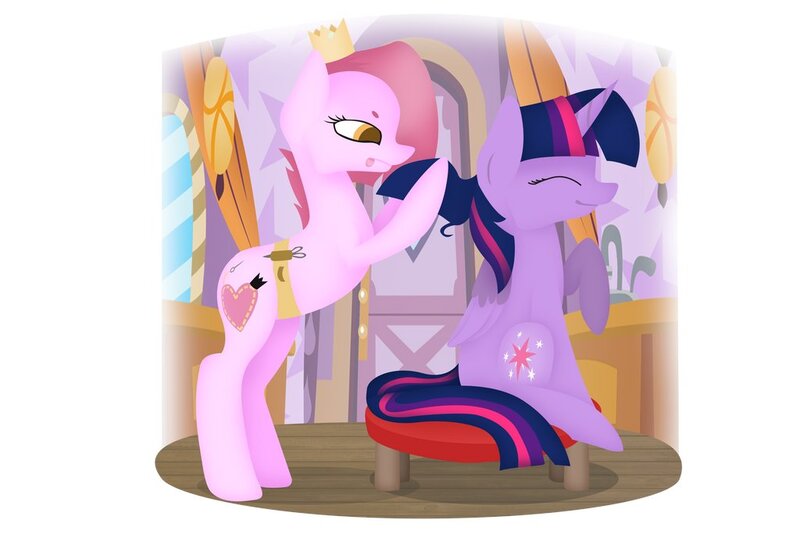 Size: 1024x683 | Tagged: safe, artist:cocopudu, derpibooru import, twilight sparkle, twilight sparkle (alicorn), oc, alicorn, earth pony, pony, bipedal, concentrating, crown, cutie mark, duo, eyes closed, female, folded wings, haircut, hairdresser, holding hair, image, indoors, jewelry, jpeg, mare, multicolored mane, multicolored tail, no tail, orange eyes, pink coat, pink mane, purple coat, raised hoof, regalia, side view, sitting, smiling, stool, tongue out, waistband, wings