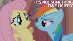 Size: 2000x1125 | Tagged: safe, derpibooru import, edit, edited screencap, editor:quoterific, screencap, fluttershy, rainbow dash, pegasus, pony, bats!, season 4, female, females only, image, mare, png, solo, solo female, text, white text, wings, wings down