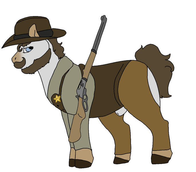 Size: 1193x1047 | Tagged: safe, artist:onyxdr, derpibooru import, oc, oc:gunsmoke, unofficial characters only, earth pony, pony, assless chaps, beard, chaps, clothes, cowboy hat, earth pony oc, facial hair, gun, hat, image, male, moustache, nudity, png, rifle, sheath, sheriff, sheriff's badge, simple background, solo, stallion, weapon, white background