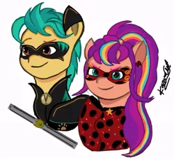 Size: 719x661 | Tagged: safe, artist:karina11494591, derpibooru import, hitch trailblazer, sunny starscout, earth pony, pony, chat noir, crossover, duo, duo male and female, female, g5, image, jpeg, ladybug (miraculous ladybug), male, mare, mask, miraculous ladybug, multicolored hair, ponytail, rainbow hair, shipping, simple background, stallion, straight, sunnyhitch, white background