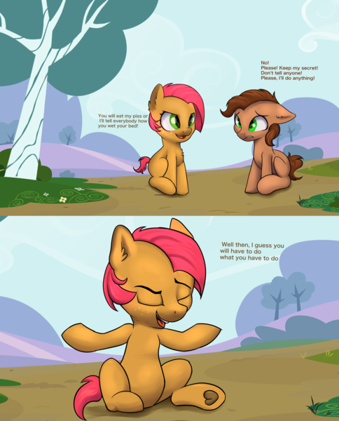 Size: 3300x4092 | Tagged: questionable, artist:dumbwoofer, derpibooru import, babs seed, oc, oc:hollyhock, pony, bed wetting, bully, bullying, comic, female, filly, foal, foalcon, foaldom, frog (hoof), image, imminent foalcon, implied watersports, implied wetting, pissing, png, underage, underhoof, urine