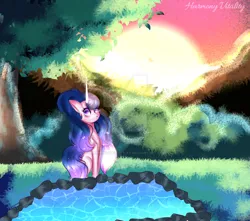 Size: 1920x1695 | Tagged: safe, artist:harmonyvitality-yt, derpibooru import, oc, unofficial characters only, pony, deviantart watermark, ethereal mane, female, image, mare, obtrusive watermark, offspring, outdoors, parent:flash sentry, parent:twilight sparkle, parents:flashlight, png, pond, solo, starry mane, sunset, tree, water, watermark