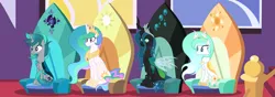 Size: 1503x532 | Tagged: safe, artist:dustyygrey, artist:kiracatastic, derpibooru import, princess celestia, queen chrysalis, oc, oc:solar flare, oc:solis, alicorn, changeling, changepony, hybrid, pony, a better ending for chrysalis, base used, brother and sister, colored hooves, crown, cutie mark, female, hoof shoes, image, jewelry, jpeg, magical lesbian spawn, male, mare, offspring, parent:princess celestia, parent:queen chrysalis, parents:chryslestia, peytral, regalia, siblings, throne