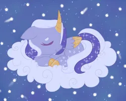 Size: 1280x1024 | Tagged: safe, artist:orcabunnies, derpibooru import, oc, unofficial characters only, alicorn, pony, cloud, colored wings, colored wingtips, curved horn, eyes closed, floppy ears, horn, image, jpeg, on a cloud, sleeping, sleeping on a cloud, smiling, two toned wings, wings