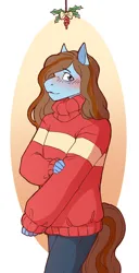 Size: 1264x2464 | Tagged: safe, artist:morgdl, derpibooru import, oc, oc:sertpony, anthro, blue coat, blushing, christmas, clothes, denim, holiday, holly, image, jeans, jumper, orange mane, pants, png, simple background, sweater, tail