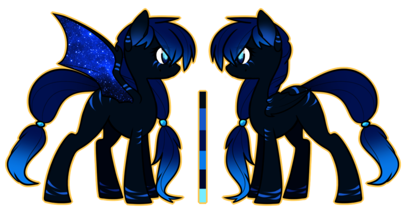 Size: 1024x541 | Tagged: safe, artist:raponee, derpibooru import, oc, oc:polaris, unofficial characters only, bat pony, original species, pony, bat pony oc, bat wings, black coat, blue eyes, blue mane, coat markings, folded wings, image, png, reference sheet, side view, simple background, solo, spread wings, starry wings, transparent background, wings