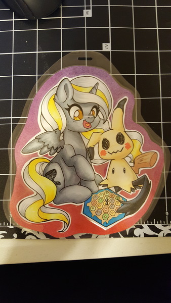 Size: 2988x5312 | Tagged: safe, artist:inkkeystudios, derpibooru import, alicorn, mimikyu, pony, badge, board game, image, jpeg, open mouth, open smile, photo, pokémon, smiling, spread wings, traditional art, wings