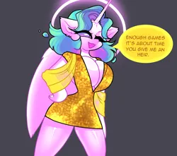 Size: 3000x2657 | Tagged: suggestive, artist:minty--fresh, derpibooru import, princess celestia, anthro, absolute cleavage, alternate hairstyle, breasts, busty princess celestia, cleavage, clothes, dress, halo, image, one eye closed, png, sequins, short hair, solo, wink