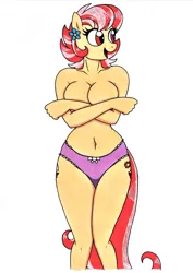 Size: 2471x3495 | Tagged: suggestive, artist:killerteddybear94, derpibooru import, aunt holiday, anthro, adorasexy, aunt holidorable, belly button, big breasts, both cutie marks, breasts, busty aunt holiday, clothes, covering, covering breasts, curvy, cute, ear piercing, earring, female, frilly underwear, hourglass figure, image, jewelry, jpeg, milf, nudity, open mouth, panties, partial nudity, piercing, pink underwear, sexy, simple background, smiling, solo, solo female, topless, traditional art, underwear, white background