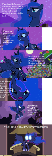 Size: 794x2368 | Tagged: safe, artist:iorwenwillowdavis, derpibooru import, edit, edited screencap, screencap, caesar, count caesar, princess luna, pony, luna eclipsed, brutus, candy, captio, comic, dialogue, food, funny, glow, glowing eyes, glowing eyes of doom, image, png, solo