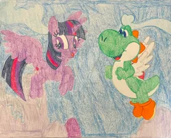 Size: 1280x1032 | Tagged: safe, artist:justinvaldecanas, derpibooru import, twilight sparkle, twilight sparkle (alicorn), alicorn, dinosaur, pony, yoshi, cloud, crossover, duo, image, jpeg, sky, super mario bros., traditional art, wings