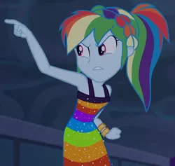 Size: 1013x959 | Tagged: safe, derpibooru import, screencap, rainbow dash, equestria girls, equestria girls series, spring breakdown, spoiler:eqg series (season 2), bare shoulders, clothes, cloud, cloudy, dress, female, image, png, pointing, ponytail, sleeveless, solo, solo female