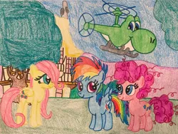 Size: 1280x963 | Tagged: safe, artist:justinvaldecanas, derpibooru import, part of a set, fluttershy, pinkie pie, rainbow dash, dinosaur, earth pony, pegasus, pony, yoshi, crossover, female, filly, filly fluttershy, filly pinkie pie, filly rainbow dash, group, helicopter, image, jpeg, part of a series, ponyville, quartet, story included, super mario bros., traditional art, transformation, younger