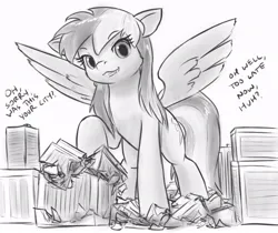 Size: 816x687 | Tagged: safe, artist:alloyrabbit, derpibooru import, rainbow dash, pony, :3, city, crush fetish, crushing, destruction, dialogue, evil, fangs, fetish, giant pony, grayscale, image, jpeg, looking at you, macro, macro/micro, micro, monochrome, simple background, spread wings, white background, wings