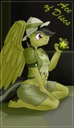Size: 1100x1900 | Tagged: safe, alternate version, artist:sixes&sevens, derpibooru import, daring do, anthro, pegasus, abs, ace of discs, barefoot, clothes, dashing do, explicit source, feet, glow, hat, image, kneeling, male, medallion, minor arcana, pith helmet, png, rule 63, smiling, solo, solo male, tarot card, torn clothes