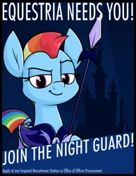 Size: 1474x1906 | Tagged: safe, artist:moonatik, derpibooru import, rainbow dash, pegasus, pony, alternate hairstyle, alternate timeline, castle, female, image, mare, new lunar millennium, night guard, night guard dash, nightmare takeover timeline, png, recruitment poster, smiling, solo, spear, text, weapon