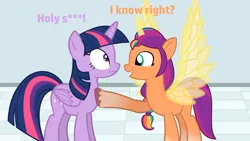 Size: 1366x768 | Tagged: safe, artist:forgalorga, derpibooru import, edit, sunny starscout, twilight sparkle, twilight sparkle (alicorn), alicorn, earth pony, pony, :|, animated at source, artificial wings, augmented, censored, censored vulgarity, female, g4, g5, g5 to g4, generation leap, horn, i can't believe it's not hasbro studios, image, lesbian, magic, magic wings, mare, meeting, new pony worlds, png, race swap, shipping, sunny and her heroine, twilight sparkle is not amused, twiscout, unamused, vulgar, wings