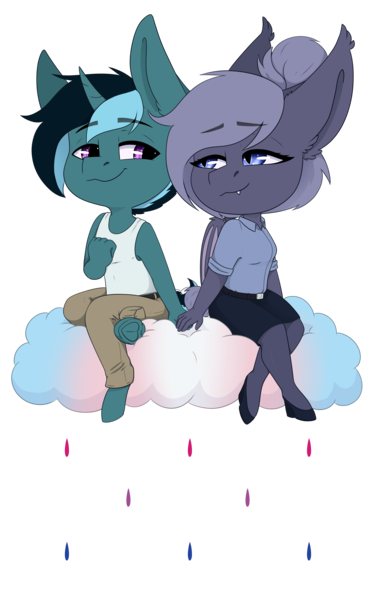 Size: 3147x5000 | Tagged: safe, alternate version, artist:mamachubs, derpibooru import, oc, oc:selenite, oc:sol nightshade, anthro, bat pony, pony, unguligrade anthro, unicorn, anthro oc, bat pony oc, bat wings, bisexual pride flag, chibi, clothes, cloud, commission, cute, female, high heels, horn, image, male, mare, oc x oc, pants, png, pride, pride flag, rain, shipping, shirt, shoes, simple background, skirt, solenite, straight, transgender pride flag, transparent background, unicorn oc, wings, ych result