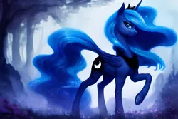 Size: 1920x1280 | Tagged: safe, derpibooru import, editor:dovakkins, machine learning generated, stable diffusion, princess luna, alicorn, pony, concave belly, cute, derpibooru exclusive, ethereal mane, ethereal tail, female, folded wings, forest, forest background, galaxy mane, image, jewelry, peytral, png, raised hoof, regalia, slim, smiling, solo, tail, thin, tree, wavy mane, wings