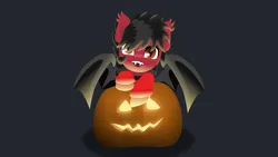 Size: 1920x1080 | Tagged: safe, alternate version, artist:rumista, derpibooru import, ponified, bat pony, pony, bat wings, clothes, commission, ear fluff, ear twitch, fall out boy, fangs, gray background, halloween, holiday, hoodie, image, jack-o-lantern, looking at you, male, pete wentz, png, pumpkin, simple background, slit pupils, solo, stallion, wings, ych result