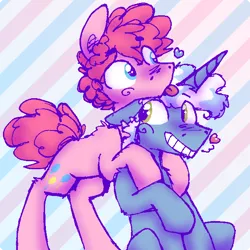 Size: 588x588 | Tagged: safe, alternate version, artist:artflicker, derpibooru import, pinkie pie, pokey pierce, earth pony, pony, unicorn, bipedal, bipedal leaning, bubble berry, floating heart, gay, grin, half r63 shipping, heart, hoof on shoulder, image, leaning, male, png, pokeyberry, pokeypie, rule 63, shipping, smiling, soft shading, stallion, straight, striped background, tongue out