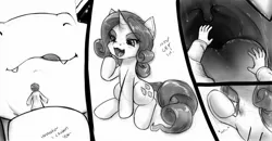 Size: 1239x645 | Tagged: suggestive, artist:alloyrabbit, derpibooru import, rarity, oc, oc:anon, comic, cute, cute little fangs, drool, drool string, esophagus, fangs, image, in goliath's palm, jpeg, licking, licking lips, looking at someone, maw, mawshot, offscreen character, open mouth, perspective, pov, raripred, size difference, swallowing, throat bulge, tongue out, vore