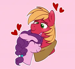 Size: 1911x1753 | Tagged: safe, artist:orcabunnies, derpibooru import, big macintosh, sugar belle, earth pony, pony, blushing, duo, female, heart, image, jpeg, male, pink background, shipping, simple background, smiling, straight, sugarmac