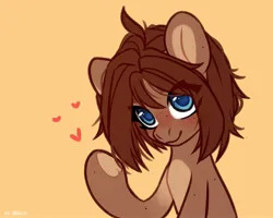 Size: 2500x2000 | Tagged: safe, artist:shelti, derpibooru import, oc, oc:owl, unofficial characters only, pony, blushing, bust, countershading, female, happy, heart, hoof heart, image, jpeg, looking at you, mare, simple background, smiling, solo, underhoof, waving, yellow background