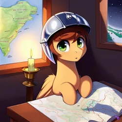 Size: 704x704 | Tagged: safe, derpibooru import, machine learning generated, purplesmart.ai, stable diffusion, oc, oc:leafhelm, pegasus, pony, candle, candlelight, cartographer, helmet, image, jpeg, map, mapmaker