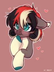 Size: 1382x1836 | Tagged: safe, artist:shelti, derpibooru import, oc, unofficial characters only, earth pony, pony, blushing, bust, coat markings, colored hooves, countershading, ear fluff, embarrassed, female, floppy ears, heart, image, jpeg, mare, outline, pink background, raised hoof, request, simple background, socks (coat marking), solo, white outline