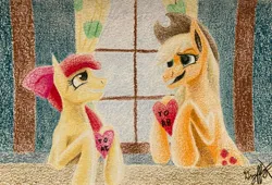 Size: 3071x2085 | Tagged: safe, artist:grffxs, derpibooru import, apple bloom, applejack, earth pony, pony, apple sisters, female, filly, foal, heart, hearts and hooves day, image, jpeg, siblings, sisters