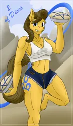 Size: 1100x1900 | Tagged: safe, alternate version, artist:sixes&sevens, derpibooru import, caramel, toffee, anthro, earth pony, clothes, daisy dukes, explicit source, female, food, image, infinity symbol, minor arcana, mountain, pie, png, rule 63, shorts, solo, solo female, tanktop, tarot card, two of discs