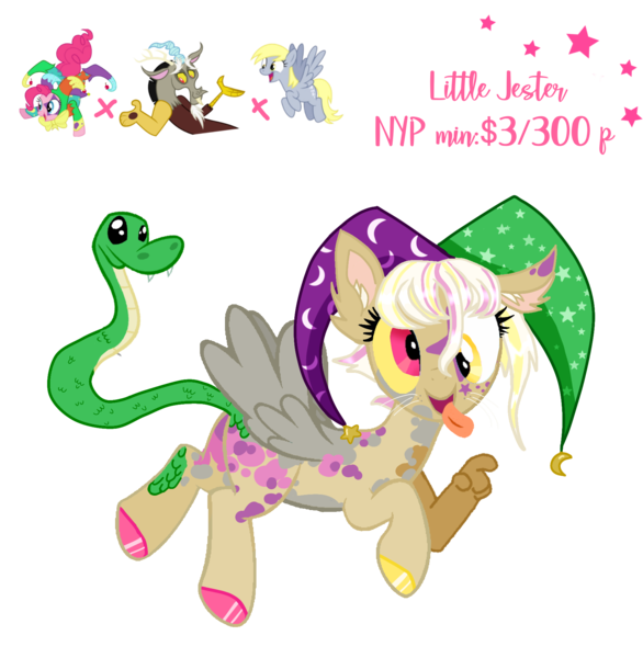 Size: 1769x1810 | Tagged: safe, artist:vernorexia, derpibooru import, discord, pinkie pie, oc, cat, cat pony, draconequus, hybrid, original species, pegasus, pony, snake, snake pony, adoptable, adoptable open, april fools, april fools 2023, body markings, cat ears, cat paws, clown, colored hoobes, cross-eyed, derp, facial markings, flying, hat, heterochromia, image, jester, jester hat, jester pie, next generation, parent:derpy hooves, parent:discord, parent:pinkie pie, paws, png, scales, snake tail, spotted, stars, tail, tongue out, whiskers, white hair