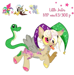 Size: 1769x1810 | Tagged: safe, artist:vernorexia, artist:vernorexxia, derpibooru import, derpy hooves, discord, pinkie pie, oc, cat, cat pony, draconequus, hybrid, original species, pegasus, pony, snake, snake pony, adoptable, adoptable open, april fools, april fools 2023, body markings, cat ears, cat paws, clown, colored hoobes, cross-eyed, derp, discord gets all the mares, facial markings, flying, hat, heterochromia, image, jester, jester hat, jester pie, next generation, one true threesome, parent:derpy hooves, parent:discord, parent:pinkie pie, paws, png, scales, snake tail, spotted, stars, tail, tongue out, whiskers, white hair