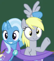 Size: 759x866 | Tagged: safe, derpibooru import, screencap, derpy hooves, trixie, pegasus, pony, unicorn, a matter of principals, season 8, spoiler:s08, cape, clothes, cropped, cute, derpabetes, diatrixes, duo, duo female, female, hat, image, magic trick, mare, png, pony out of a hat, raised hoof, sitting, smiling, trixie's cape, trixie's hat, waving