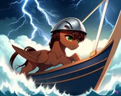 Size: 768x608 | Tagged: safe, derpibooru import, machine learning generated, purplesmart.ai, stable diffusion, oc, oc:leafhelm, pegasus, pony, helmet, image, jpeg, lightning, ocean, rough sea, sailing, ship, stormy weather, thunderstorm, water