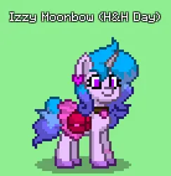 Size: 828x852 | Tagged: safe, derpibooru import, izzy moonbow, pony, unicorn, pony town, my little pony: tell your tale, spoiler:g5, spoiler:my little pony: tell your tale, spoiler:tyts01e44, bag, clothes, collar, g5, heart, image, png, secret ad-mare-er, skirt, solo