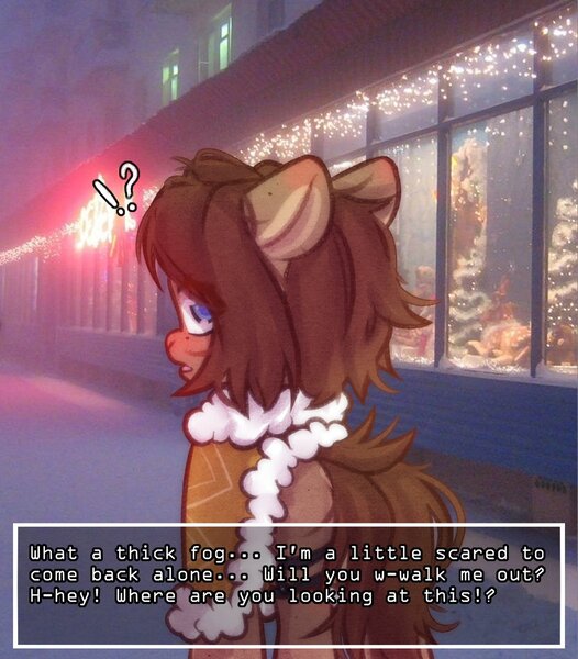 Size: 1051x1200 | Tagged: safe, artist:shelti, derpibooru import, oc, oc:owl, unofficial characters only, earth pony, pony, butt, christmas, christmas lights, dialogue, embarrassed, exclamation point, female, floppy ears, holiday, house, image, interrobang, jpeg, mare, outdoors, plot, question mark, real life background, shawl, snow, solo, standing