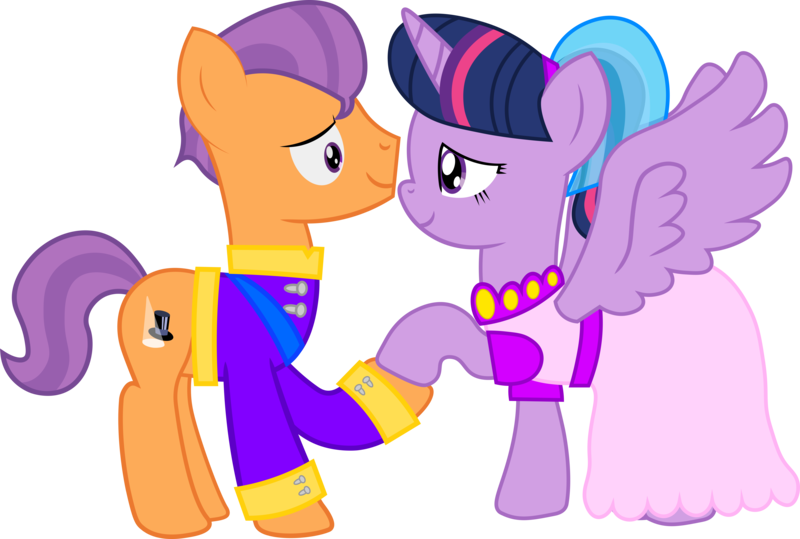 Size: 13501x9099 | Tagged: safe, artist:roman-santos, derpibooru import, tender taps, twilight sparkle, twilight sparkle (alicorn), alicorn, earth pony, pony, absurd resolution, clothes, dress, eye contact, female, holding hooves, image, looking at each other, looking at someone, male, mare, older, older tender taps, png, shipping, simple background, smiling, stallion, straight, transparent background, twitaps, uniform, wedding dress