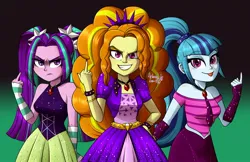 Size: 2048x1325 | Tagged: safe, artist:zoe-975, derpibooru import, adagio dazzle, aria blaze, sonata dusk, human, equestria girls, rainbow rocks, :p, bare shoulders, deviantart watermark, evil grin, female, grin, image, jpeg, middle finger, obtrusive watermark, one of these things is not like the others, sleeveless, smiling, the dazzlings, tongue out, trio, trio female, vulgar, watermark