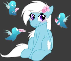 Size: 1505x1301 | Tagged: safe, artist:feather_bloom, derpibooru import, oc, oc:featherbloom, pegasus, pony, blushing, cherry blossoms, flower, flower blossom, flower in hair, image, minecraft, png, simple background, sitting