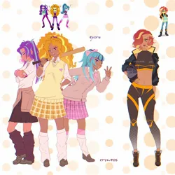 Size: 2048x2048 | Tagged: safe, artist:cryweas, derpibooru import, adagio dazzle, aria blaze, sonata dusk, sunset shimmer, human, equestria girls, alternate hairstyle, asian, baseball bat, belly button, boots, bow, bracelet, bubblegum, cardigan, clothes, dark skin, ear piercing, earring, eyes closed, eyeshadow, female, fingerless gloves, food, gloves, gritted teeth, gum, gyaru, hair bow, hair over one eye, helmet, humanized, image, jacket, japanese, jewelry, jpeg, leather, leather jacket, leg warmers, leggings, lip bite, lipstick, makeup, midriff, moon runes, motorcycle helmet, nail polish, open mouth, piercing, reference sheet, ring, shirt, shoes, skirt, socks, sports bra, teeth, the dazzlings, vest, wristband