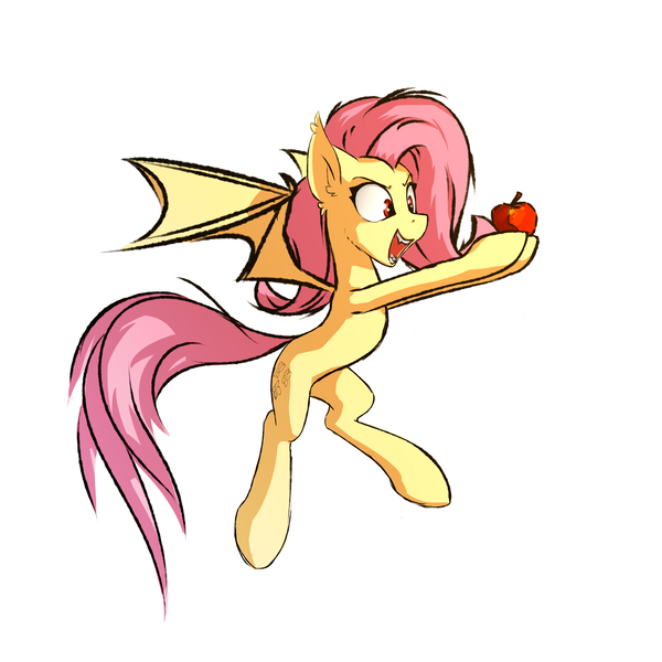 Size: 1920x1920 | Tagged: safe, artist:o0o-bittersweet-o0o, derpibooru import, fluttershy, bat pony, pegasus, pony, apple, bat ponified, fangs, female, flutterbat, flying, food, image, open mouth, png, race swap, sketch, smiling, solo, spread wings, wings, wip