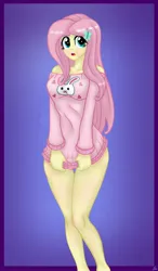 Size: 2396x4092 | Tagged: safe, alternate version, artist:lennondash, derpibooru import, fluttershy, human, equestria girls, breasts, busty fluttershy, butterfly hairpin, clothes, cute, female, image, jpeg, open mouth, out of frame, pajamas, purple background, schrödinger's pantsu, shyabetes, simple background, socks, solo, striped socks, sweater, sweatershy, thigh highs